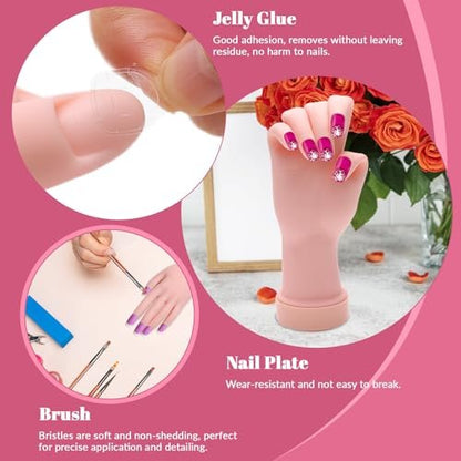 Solaradgy Flexible Bending Nail Practice Hand with 100 Nail Tips, 120 Jelly Adhesives & 9 Brushes – Pink