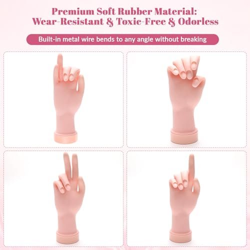 Solaradgy Flexible Bending Nail Practice Hand with 100 Nail Tips, 120 Jelly Adhesives & 9 Brushes – Pink - görsel 5