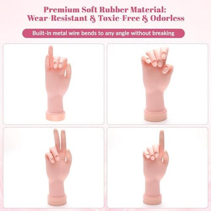 Solaradgy Flexible Bending Nail Practice Hand with 100 Nail Tips, 120 Jelly Adhesives & 9 Brushes – Pink