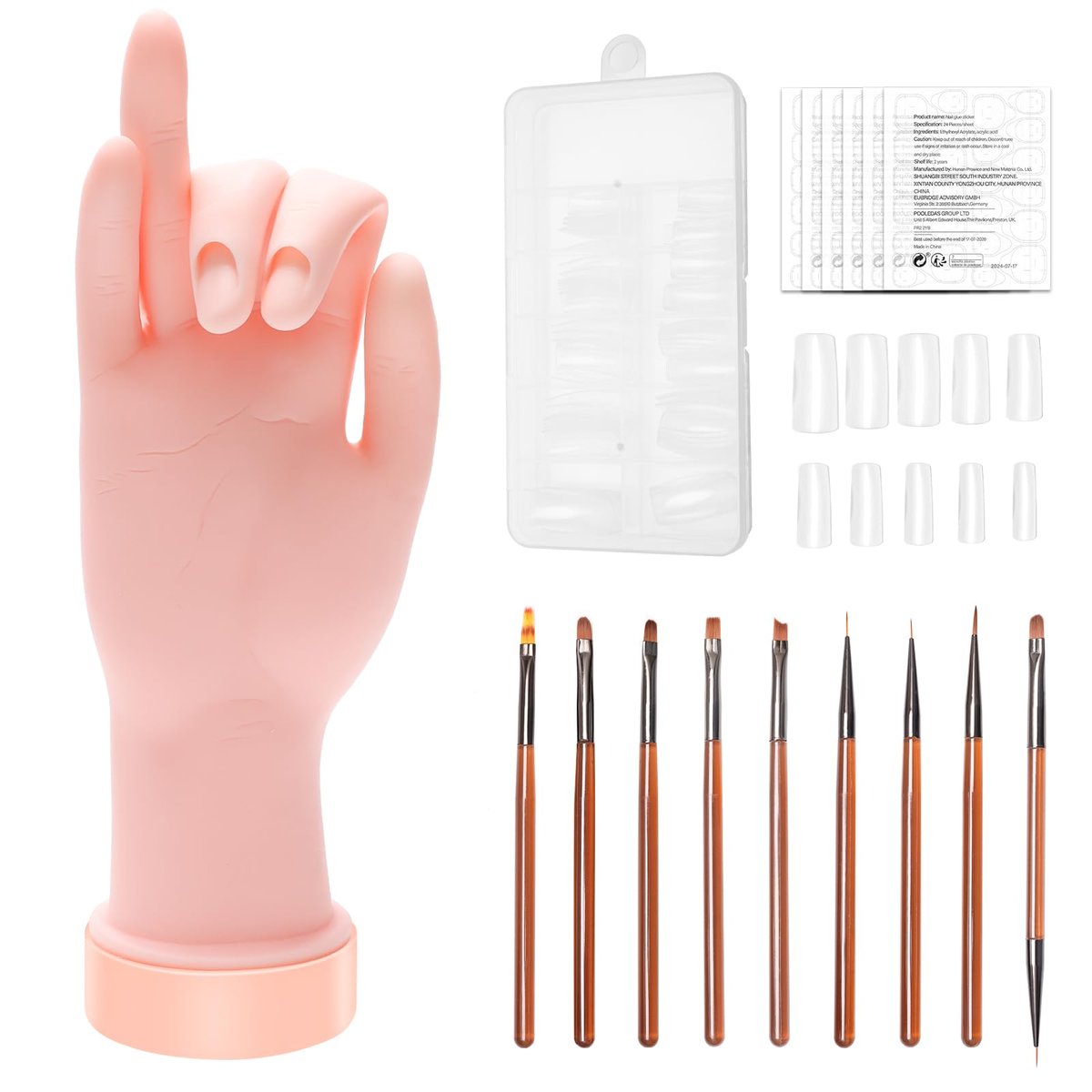Solaradgy Flexible Bending Nail Practice Hand with 100 Nail Tips, 120 Jelly Adhesives & 9 Brushes – Pink - görsel 2
