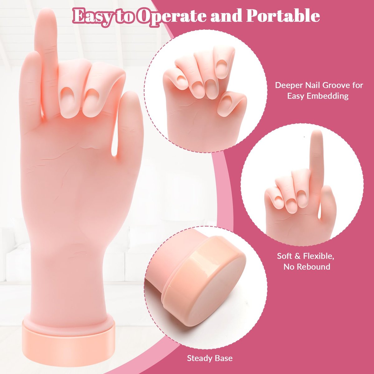 Solaradgy Flexible Bending Nail Practice Hand with 100 Nail Tips, 120 Jelly Adhesives & 9 Brushes – Pink - görsel 4