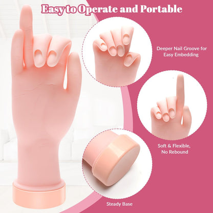 Solaradgy Flexible Bending Nail Practice Hand with 100 Nail Tips, 120 Jelly Adhesives & 9 Brushes – Pink