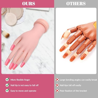 Solaradgy Flexible Bending Nail Practice Hand with 100 Nail Tips, 120 Jelly Adhesives & 9 Brushes – Pink