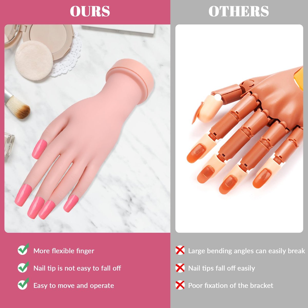 Solaradgy Flexible Bending Nail Practice Hand with 100 Nail Tips, 120 Jelly Adhesives & 9 Brushes – Pink - görsel 8