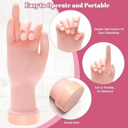 Solaradgy Flexible Bending Nail Practice Hand with 100 Nail Tips, 120 Jelly Adhesives & 9 Brushes – Pink