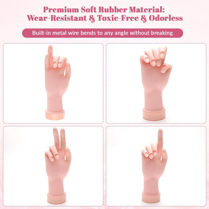Solaradgy Flexible Bending Nail Practice Hand with 100 Nail Tips, 120 Jelly Adhesives & 9 Brushes – Pink