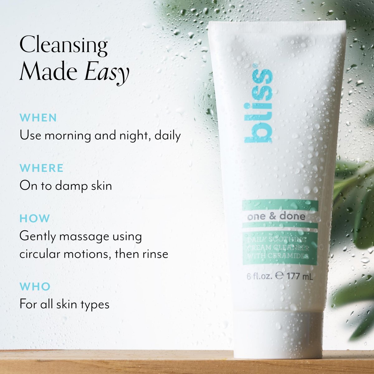 Bliss One & Done Daily Cream Facial Cleanser with Ceramides - Moisturizing Face Wash for Dry Skin, 6 Fl Oz Avelisse