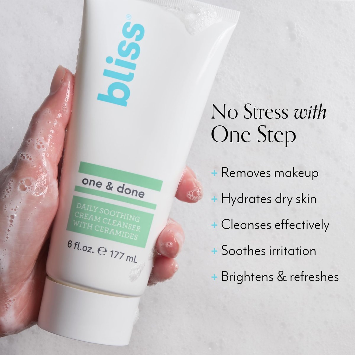 Bliss One & Done Daily Cream Facial Cleanser with Ceramides - Moisturizing Face Wash for Dry Skin, 6 Fl Oz Avelisse