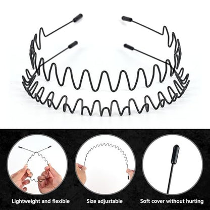 LTHYHJ Men's Neutral Black Wavy Spring Outdoor Sports 6-Piece Headband Set - Spandex Metal Headband for Running, Cycling, Yoga
