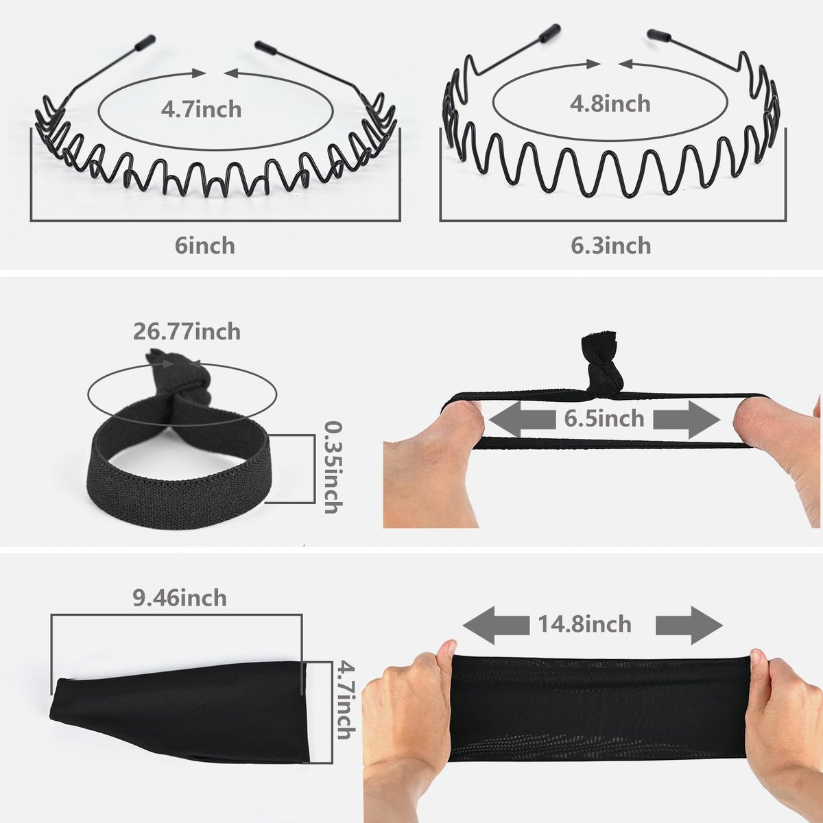 LTHYHJ Men's Neutral Black Wavy Spring Outdoor Sports 6-Piece Headband Set - Spandex Metal Headband for Running, Cycling, Yoga - görsel 3