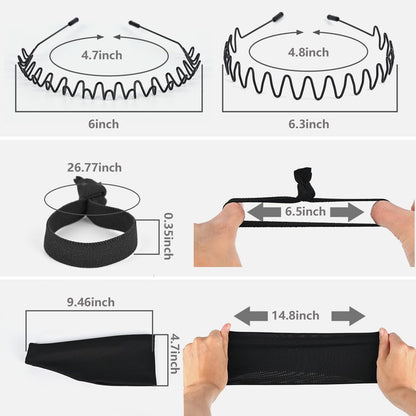 LTHYHJ Men's Neutral Black Wavy Spring Outdoor Sports 6-Piece Headband Set - Spandex Metal Headband for Running, Cycling, Yoga