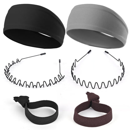 LTHYHJ Men's Neutral Black Wavy Spring Outdoor Sports 6-Piece Headband Set - Spandex Metal Headband for Running, Cycling, Yoga