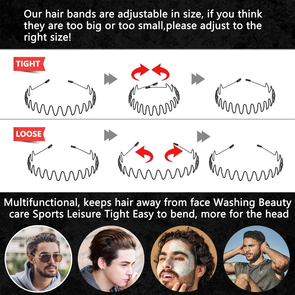 LTHYHJ Men's Neutral Black Wavy Spring Outdoor Sports 6-Piece Headband Set - Spandex Metal Headband for Running, Cycling, Yoga - görsel 9