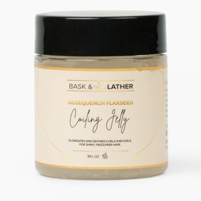 Bask & Lather Aloequench Flaxseed Coiling Jelly - Vegan Curl Defining Jelly with Flaxseed Oil & Aloe Vera, 8oz - Hydrates, Strengthens, Reduces Breakage & Frizz, Cruelty Free, Chemical Free