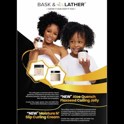 Bask & Lather Aloequench Flaxseed Coiling Jelly - Vegan Curl Defining Jelly with Flaxseed Oil & Aloe Vera, 8oz - Hydrates, Strengthens, Reduces Breakage & Frizz, Cruelty Free, Chemical Free