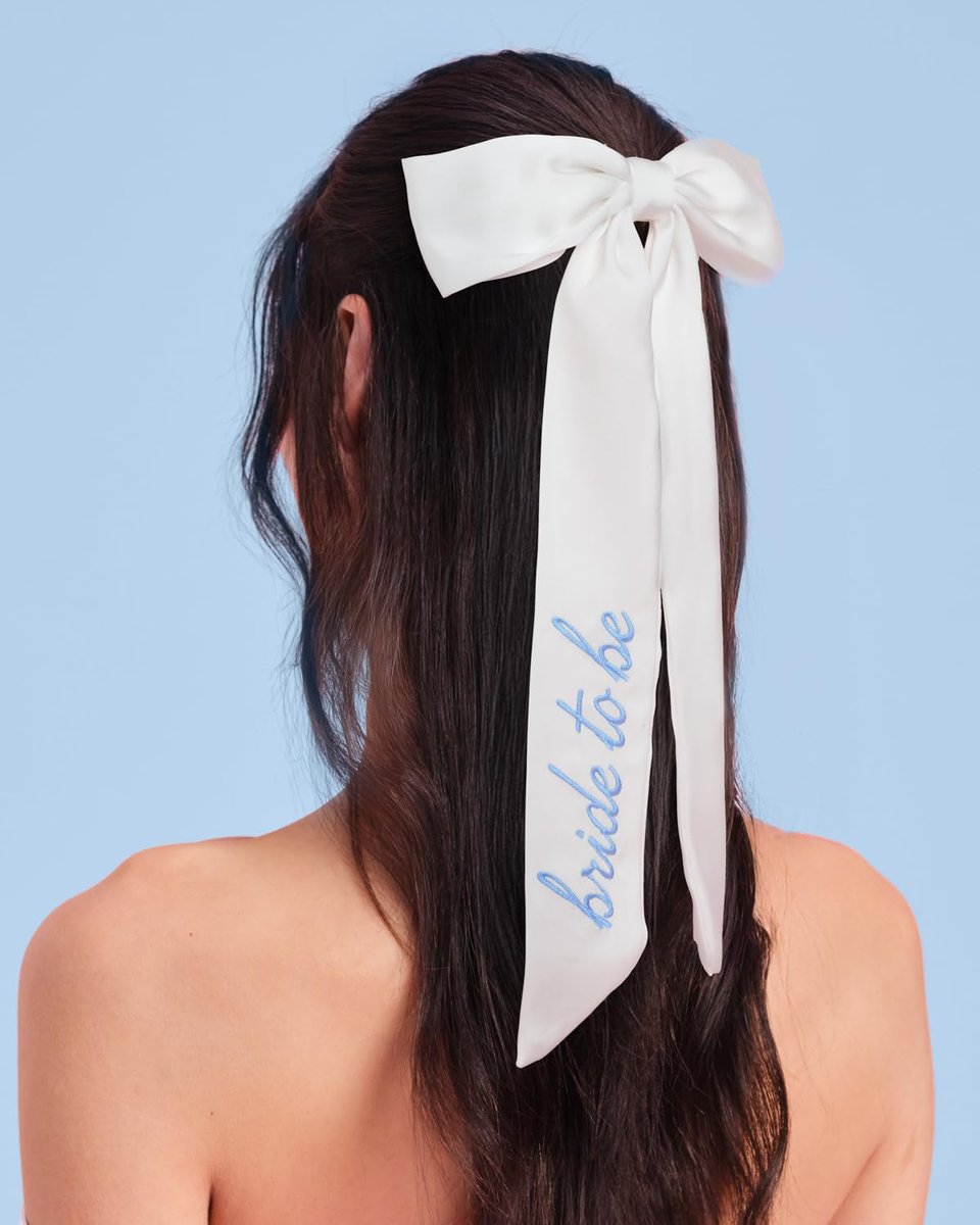 xo, Fetti Blue Bride to Be Embroidered White Hair Bow - Bachelorette Party Hairpiece, Bridal Shower Accessory, Bridesmaid Gift, Wedding Headband, Engagement Accessory - görsel 1