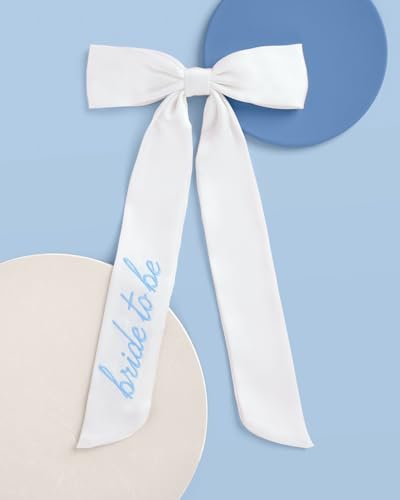 xo, Fetti Blue Bride to Be Embroidered White Hair Bow - Bachelorette Party Hairpiece, Bridal Shower Accessory, Bridesmaid Gift, Wedding Headband, Engagement Accessory - görsel 4