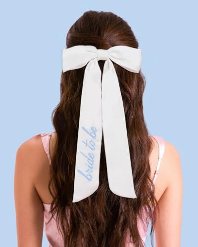 xo, Fetti Blue Bride to Be Embroidered White Hair Bow - Bachelorette Party Hairpiece, Bridal Shower Accessory, Bridesmaid Gift, Wedding Headband, Engagement Accessory - görsel 8