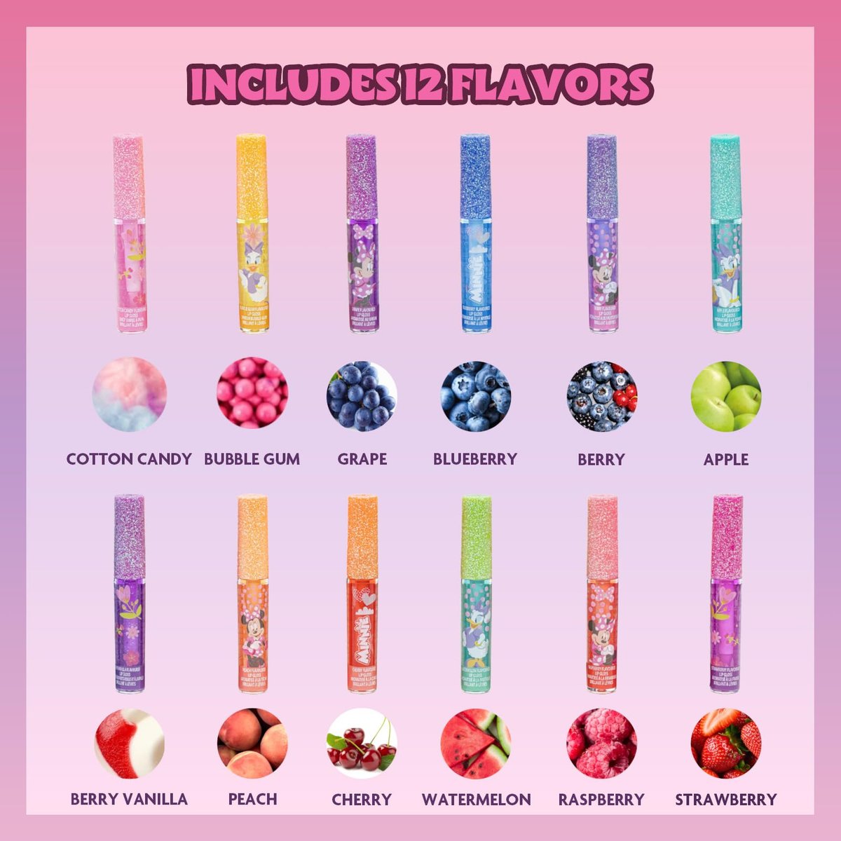 Disney Minnie Mouse 12 Piece Plant Based Lip Gloss Set - Girls Party Favors, First Makeup for Kids Ages 3+ - görsel 3