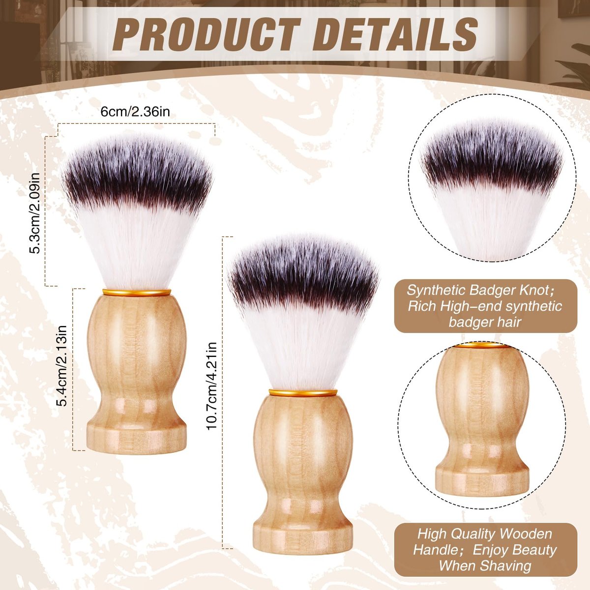 2 Pack Men Shaving Brush - Wet Shave with Cream & Soap, Synthetic Hair, Hard Wood Handle, Classic Brown - Travel & Home Use - görsel 3