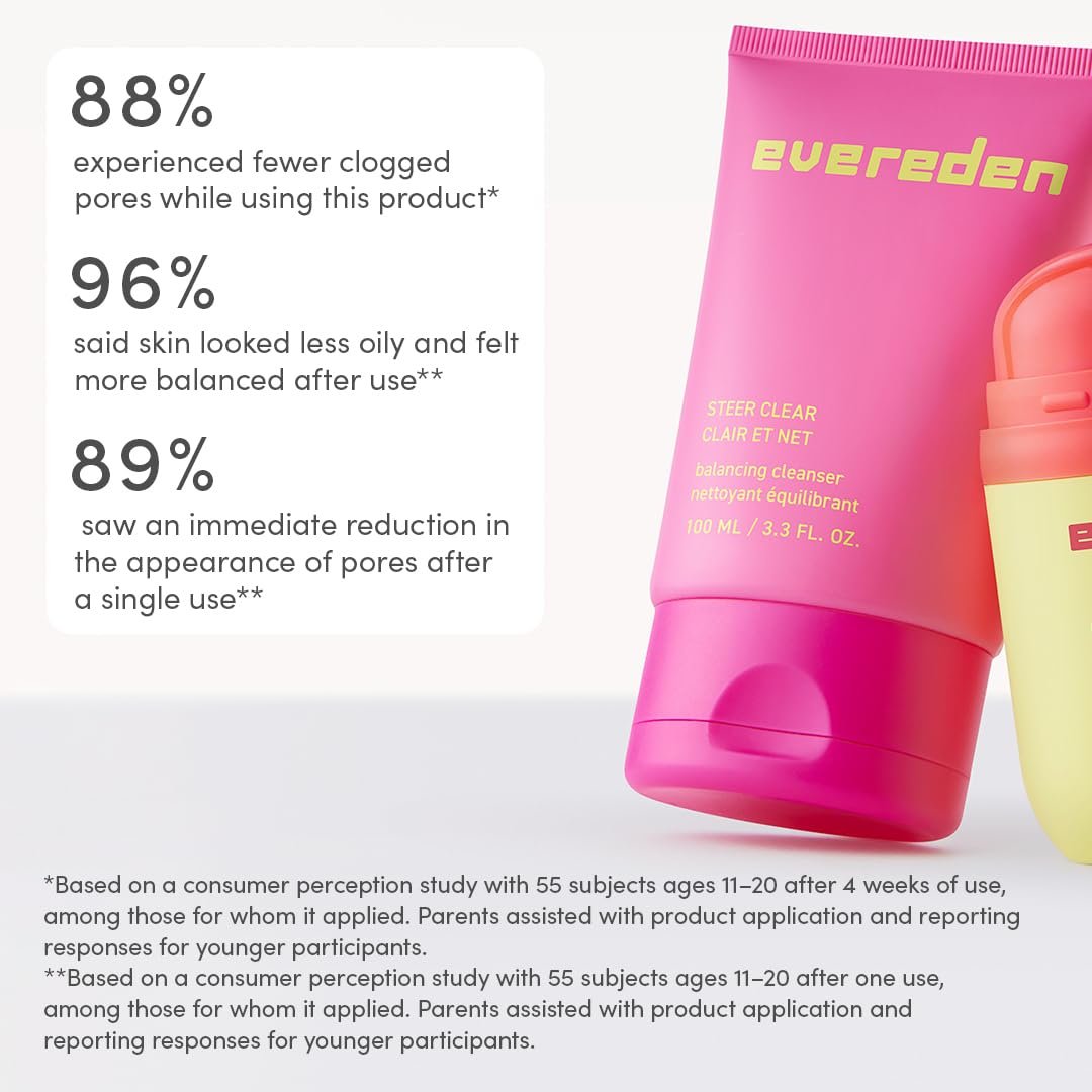 Evereden Steer Clear Balancing Jelly Cleanser for Teens - Vegan Face Wash for Oily & Pimple-Prone Skin - Pre Teen Skin Care Ages 10-12+ - 3.3 Fl Oz Avelisse