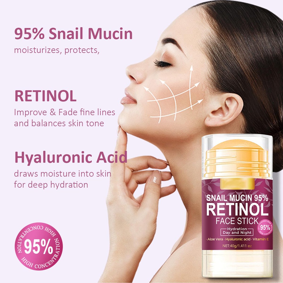 Hydrating Face Balm Stick with 95% Snail Mucin, Retinol & Hyaluronic Acid – Multi Balm Moisturizer for Day & Night, Anti-Wrinkle Skin Repair, 1.41 oz - görsel 5