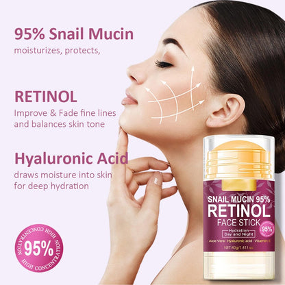 Hydrating Face Balm Stick with 95% Snail Mucin, Retinol & Hyaluronic Acid – Multi Balm Moisturizer for Day & Night, Anti-Wrinkle Skin Repair, 1.41 oz