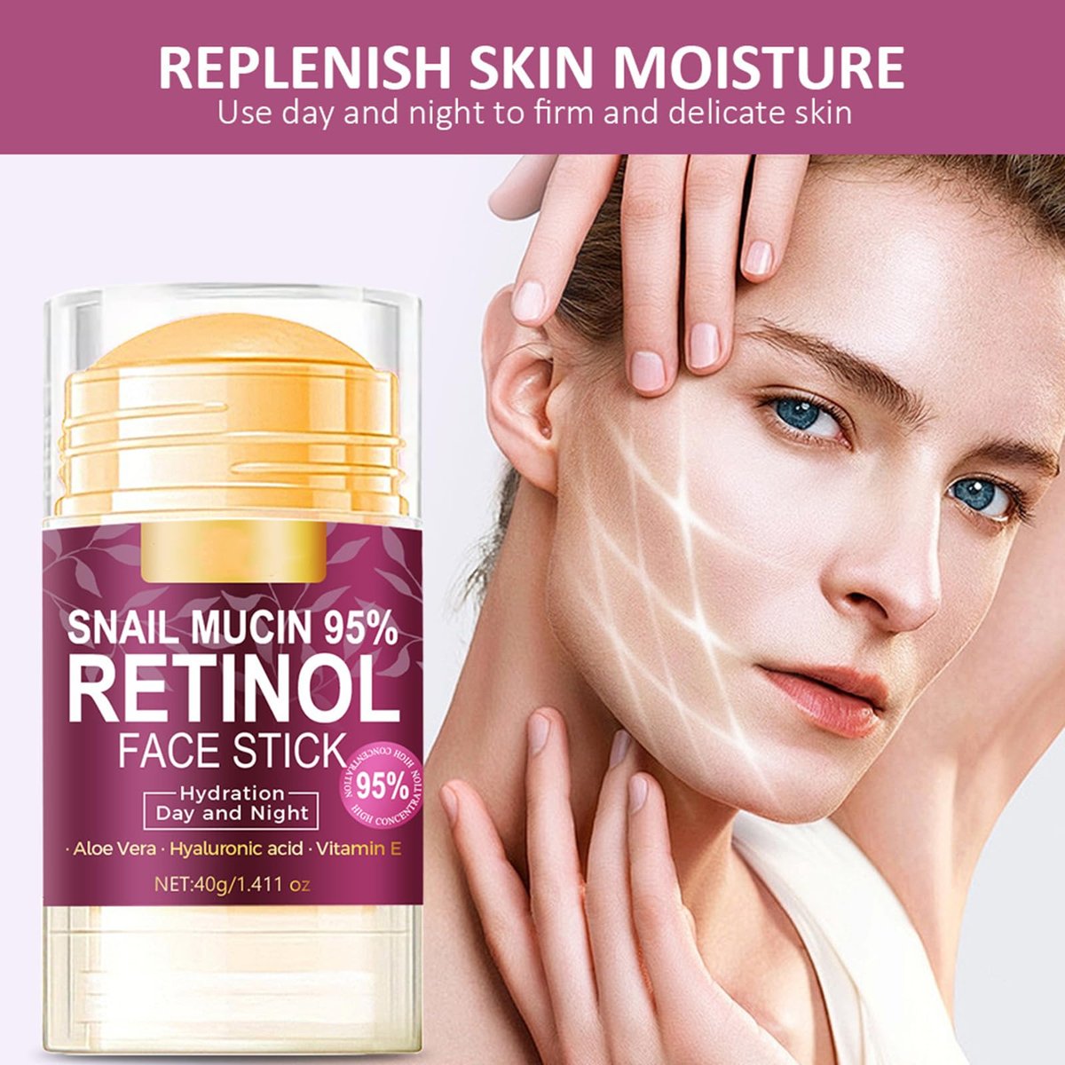 Hydrating Face Balm Stick with 95% Snail Mucin, Retinol & Hyaluronic Acid – Multi Balm Moisturizer for Day & Night, Anti-Wrinkle Skin Repair, 1.41 oz - görsel 9