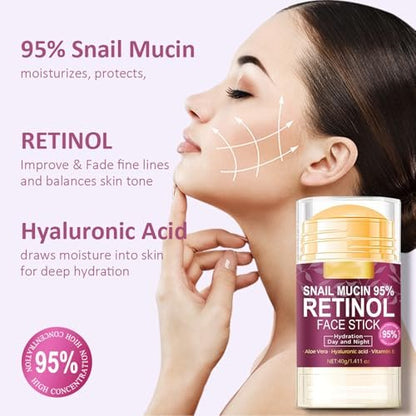 Hydrating Face Balm Stick with 95% Snail Mucin, Retinol & Hyaluronic Acid – Multi Balm Moisturizer for Day & Night, Anti-Wrinkle Skin Repair, 1.41 oz
