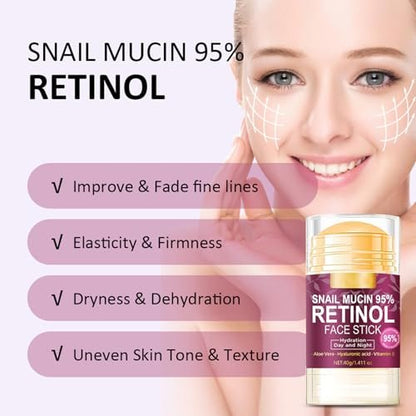 Hydrating Face Balm Stick with 95% Snail Mucin, Retinol & Hyaluronic Acid – Multi Balm Moisturizer for Day & Night, Anti-Wrinkle Skin Repair, 1.41 oz