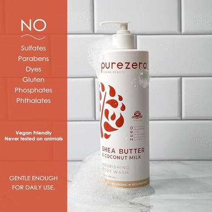 Purezero Shea Butter & Coconut Milk Body Wash – 20oz Hydrating Body Wash for Smooth, Elastic Skin – Zero Sulfates, Zero Parabens
