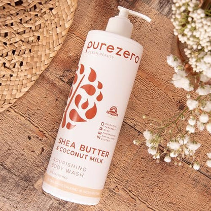 Purezero Shea Butter & Coconut Milk Body Wash – 20oz Hydrating Body Wash for Smooth, Elastic Skin – Zero Sulfates, Zero Parabens