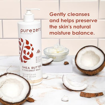 Purezero Shea Butter & Coconut Milk Body Wash – 20oz Hydrating Body Wash for Smooth, Elastic Skin – Zero Sulfates, Zero Parabens