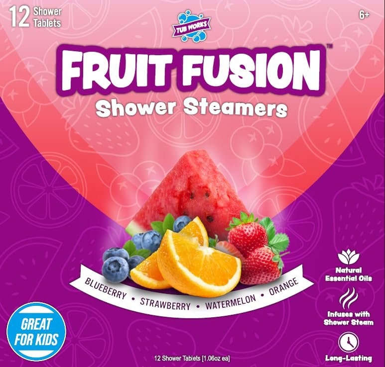Tub Works Fruit Fusion Shower Steamers for Kids - Variety 12 Pack | Fresh & Fruity Aromatherapy Shower Bombs | Fun Sensory Shower Experience Avelisse
