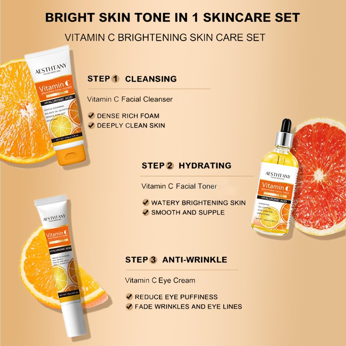 R RadiantRise Vitamin C Skin Care Set For Women – 5-In-1 Moisturizing Hyaluronic Acid Skincare Routine with Facial Cleanser, Serum, Face Cream, Eye Cream, Toner Avelisse