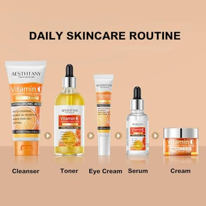 R RadiantRise Vitamin C Skin Care Set For Women – 5-In-1 Moisturizing Hyaluronic Acid Skincare Routine with Facial Cleanser, Serum, Face Cream, Eye Cream, Toner Avelisse