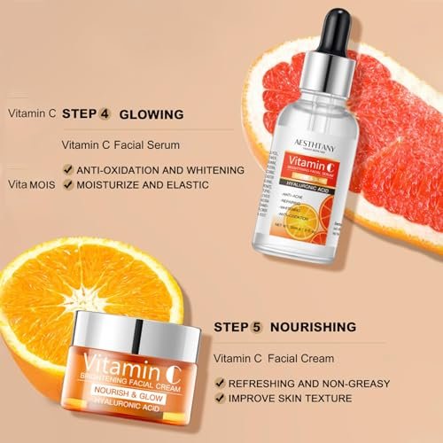 R RadiantRise Vitamin C Skin Care Set For Women – 5-In-1 Moisturizing Hyaluronic Acid Skincare Routine with Facial Cleanser, Serum, Face Cream, Eye Cream, Toner Avelisse