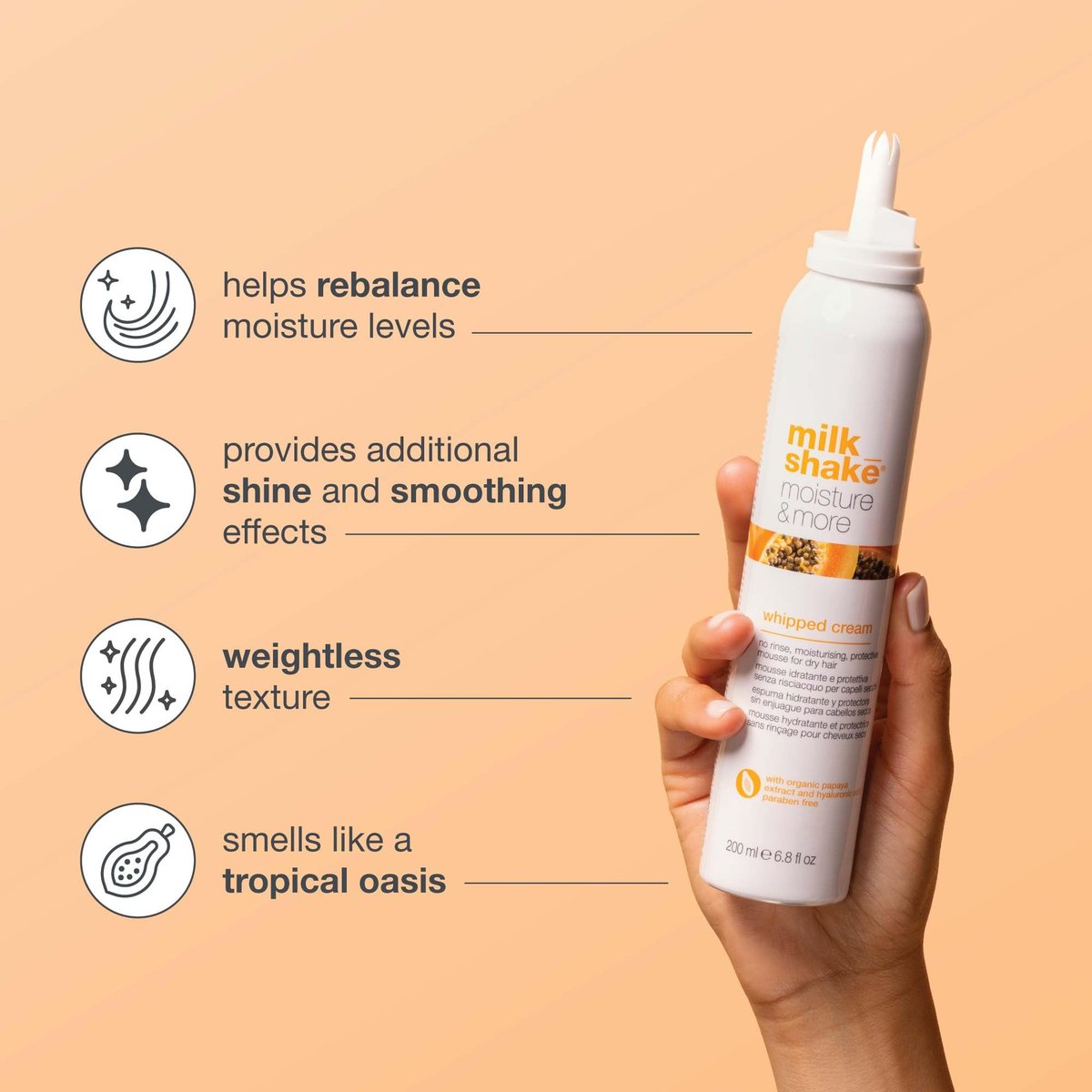 milk_shake Moisture & More Whipped Cream - Conditioning No Rinse Hair Moisturizer Foam, Shinier Hair with Healthy Glow, Boosts Softness, 6.8 fl oz (200 ml) Avelisse