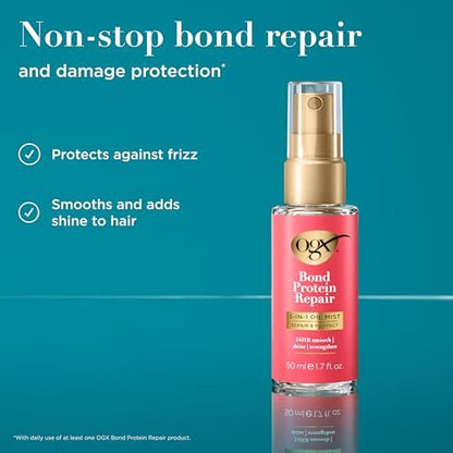 OGX Repair & Protect Bond Protein Repair 3-in-1 Oil Mist - Strengthens Dry, Damaged Hair, Fights Frizz, Adds Shine - Paraben-Free - 1.7 oz
