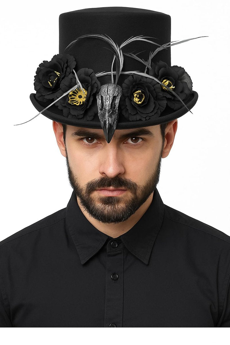 Nicky Bigs Novelties Adult Black Voodoo Top Hat with Crow Raven, Skull Bones, and Feathers – Witch Doctor Costume Headpiece - görsel 3