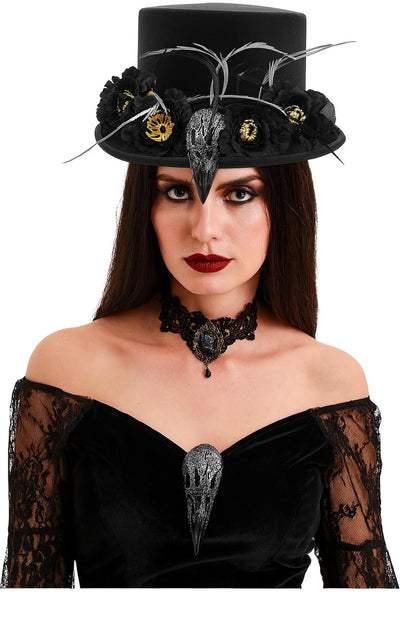 Nicky Bigs Novelties Adult Black Voodoo Top Hat with Crow Raven, Skull Bones, and Feathers – Witch Doctor Costume Headpiece