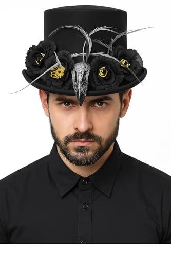 Nicky Bigs Novelties Adult Black Voodoo Top Hat with Crow Raven, Skull Bones, and Feathers – Witch Doctor Costume Headpiece