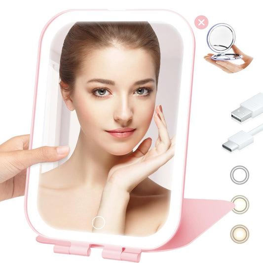 Koolstuffs Travel Mirror with Light - Rechargeable Portable Makeup Mirror, 3 Colors LED Lighting, Dimmable Touch Screen Vanity Lighted Mirror (Pink)