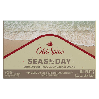 Old Spice Men's Bar Soap Seas The Day - Eucalyptus & Coconut Cream Scent, 5.0 oz - 10x More Moisturizers with Mild Exfoliators & Plant Based Cleansers