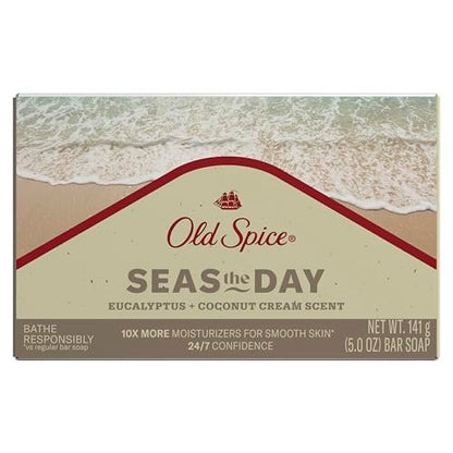 Old Spice Men's Bar Soap Seas The Day - Eucalyptus & Coconut Cream Scent, 5.0 oz - 10x More Moisturizers with Mild Exfoliators & Plant Based Cleansers