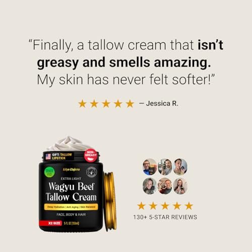 Non-Greasy Beef Tallow for Skin & Beef Tallow Lip Balm 5OZ - Whipped Grass Fed Beef Tallow with Shea Butter & Vitamin E, Face Moisturizer Cream for Women & Men, Anti-Aging Face Moisturizer Avelisse