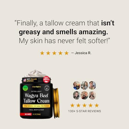 Non-Greasy Beef Tallow for Skin & Beef Tallow Lip Balm 5OZ - Whipped Grass Fed Beef Tallow with Shea Butter & Vitamin E, Face Moisturizer Cream for Women & Men, Anti-Aging Face Moisturizer Avelisse