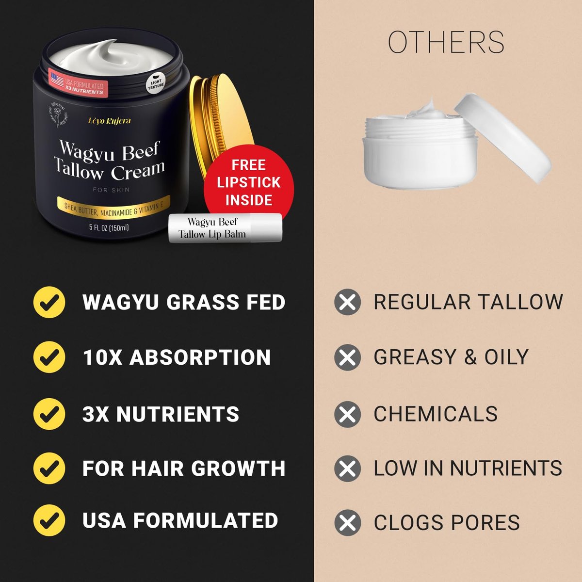 Non-Greasy Beef Tallow for Skin & Beef Tallow Lip Balm 5OZ - Whipped Grass Fed Beef Tallow with Shea Butter & Vitamin E, Face Moisturizer Cream for Women & Men, Anti-Aging Face Moisturizer Avelisse