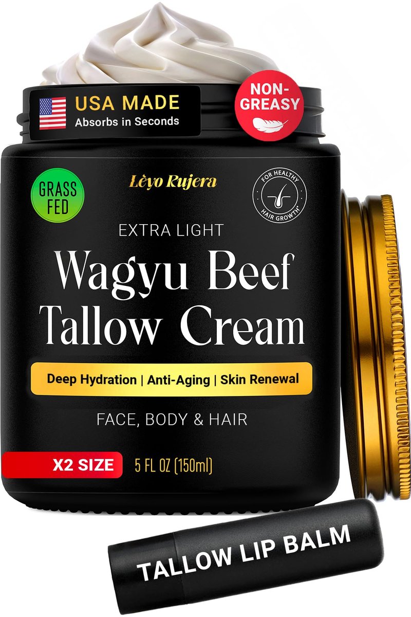 Non-Greasy Beef Tallow for Skin & Beef Tallow Lip Balm 5OZ - Whipped Grass Fed Beef Tallow with Shea Butter & Vitamin E, Face Moisturizer Cream for Women & Men, Anti-Aging Face Moisturizer Avelisse