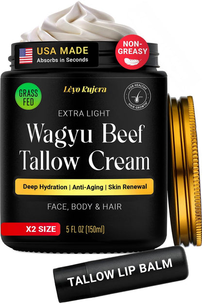 Non-Greasy Beef Tallow for Skin & Beef Tallow Lip Balm 5OZ - Whipped Grass Fed Beef Tallow with Shea Butter & Vitamin E, Face Moisturizer Cream for Women & Men, Anti-Aging Face Moisturizer Avelisse